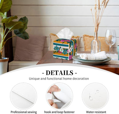 Retro Stripes Pink White Flowers Pattern Tissue Box Cover Square Pu Leather Waterproof Tissue Box Holder for Car Bathroom Bedroom Office Tabletop Decor