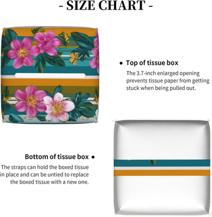 Retro Stripes Pink White Flowers Pattern Tissue Box Cover Square Pu Leather Waterproof Tissue Box Holder for Car Bathroom Bedroom Office Tabletop Decor