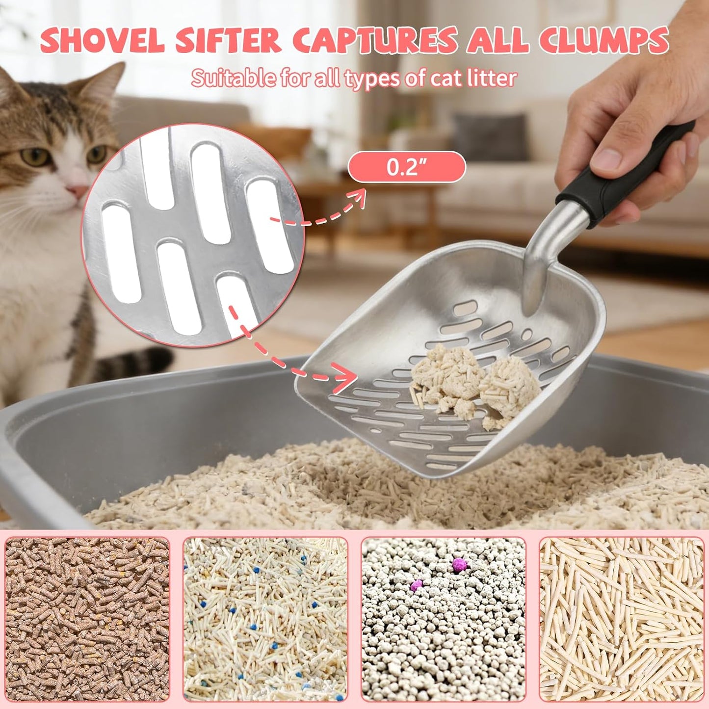 Heavy-Duty Cat Litter Scoop with Holder, Metal Cat Scooper and Detachable Trash Can,Aluminum Kitty Poop Shovel Captures All Clumps,Speed Sifter Litter Box Scooper and Caddy with Lid(Pink)
