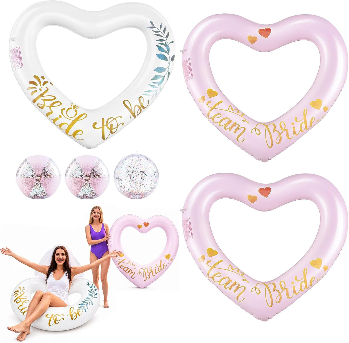 6 Pcs Bachelorette Pool Floats Set Heart Swim Ring & Beach Ball