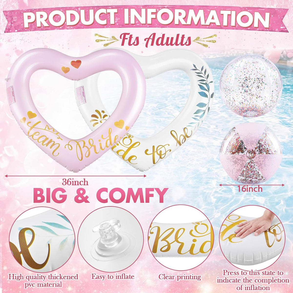 6 Pcs Bachelorette Pool Floats Set Heart Swim Ring & Beach Ball