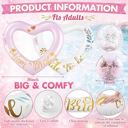 6 Pcs Bachelorette Pool Floats Set Heart Swim Ring & Beach Ball