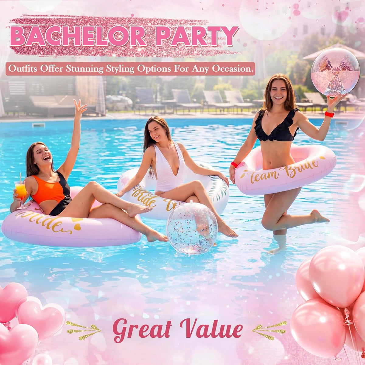 6 Pcs Bachelorette Pool Floats Set Heart Swim Ring & Beach Ball