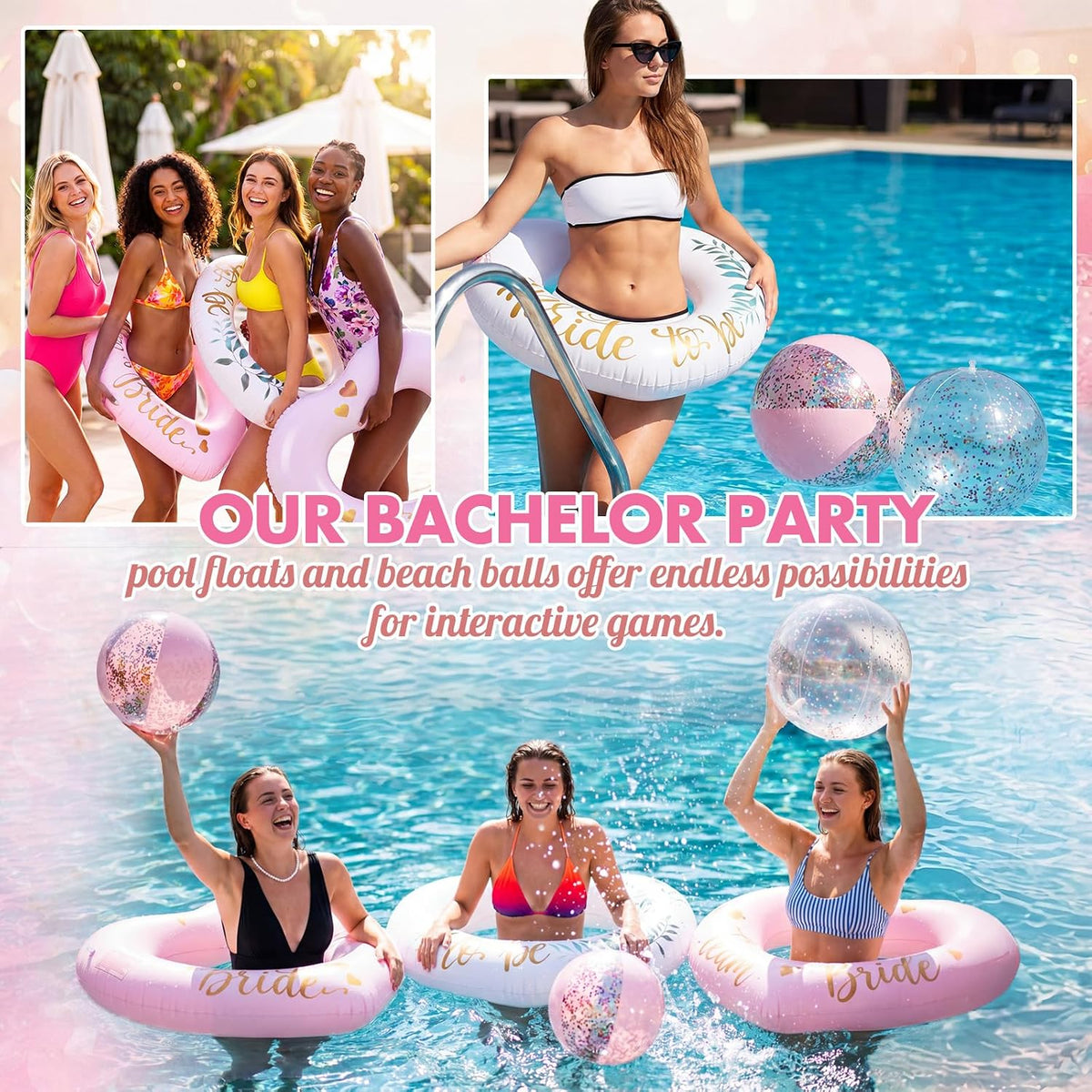 6 Pcs Bachelorette Pool Floats Set Heart Swim Ring & Beach Ball