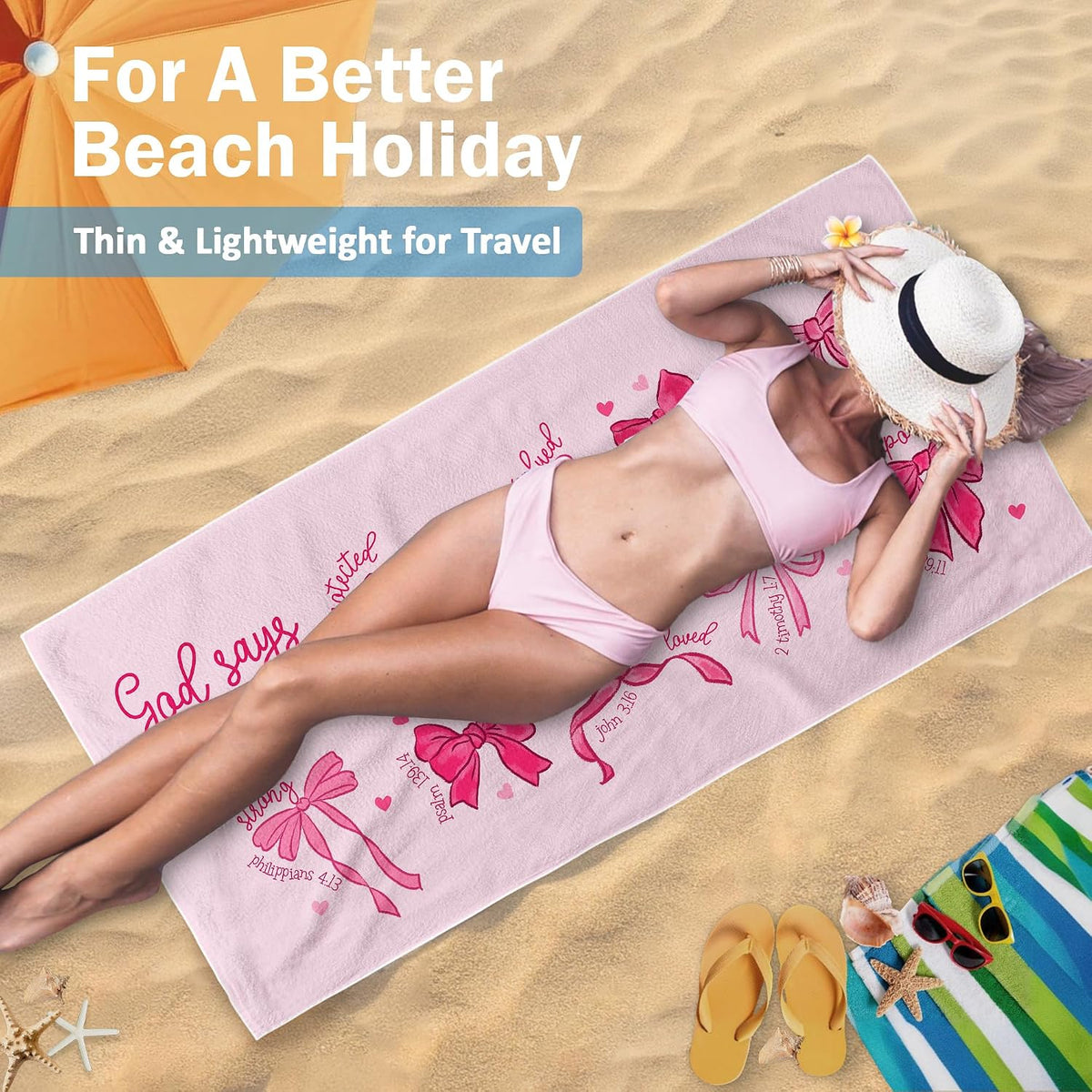 Cute Pink Bow Christian Beach Towel Gifts for Women Girls 30x60in