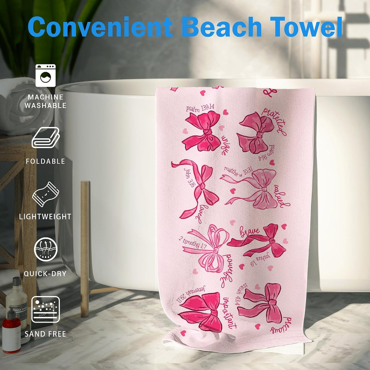 Cute Pink Bow Christian Beach Towel Gifts for Women Girls 30x60in
