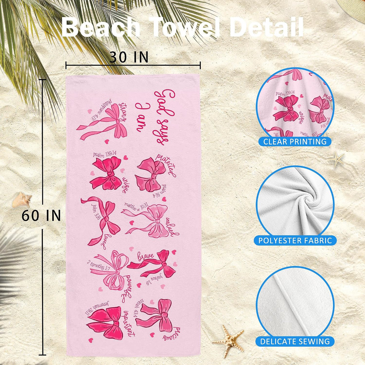 Cute Pink Bow Christian Beach Towel Gifts for Women Girls 30x60in