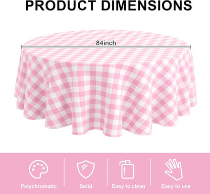 8 Pack Plastic Tablecloth 84" Disposable Table Cloths for 6 to 8 Foot Tables Round Table Cover for Parties (Pink Checkered, Round)