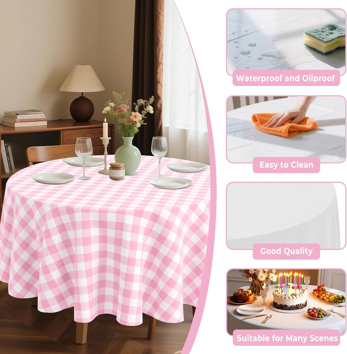 8 Pack Plastic Tablecloth 84" Disposable Table Cloths for 6 to 8 Foot Tables Round Table Cover for Parties (Pink Checkered, Round)