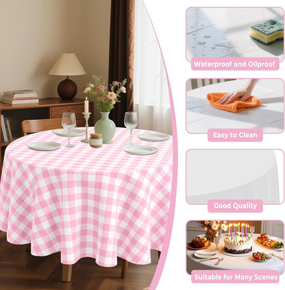 8 Pack Plastic Tablecloth 84" Disposable Table Cloths for 6 to 8 Foot Tables Round Table Cover for Parties (Pink Checkered, Round)