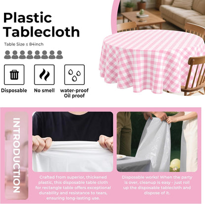 8 Pack Plastic Tablecloth 84" Disposable Table Cloths for 6 to 8 Foot Tables Round Table Cover for Parties (Pink Checkered, Round)