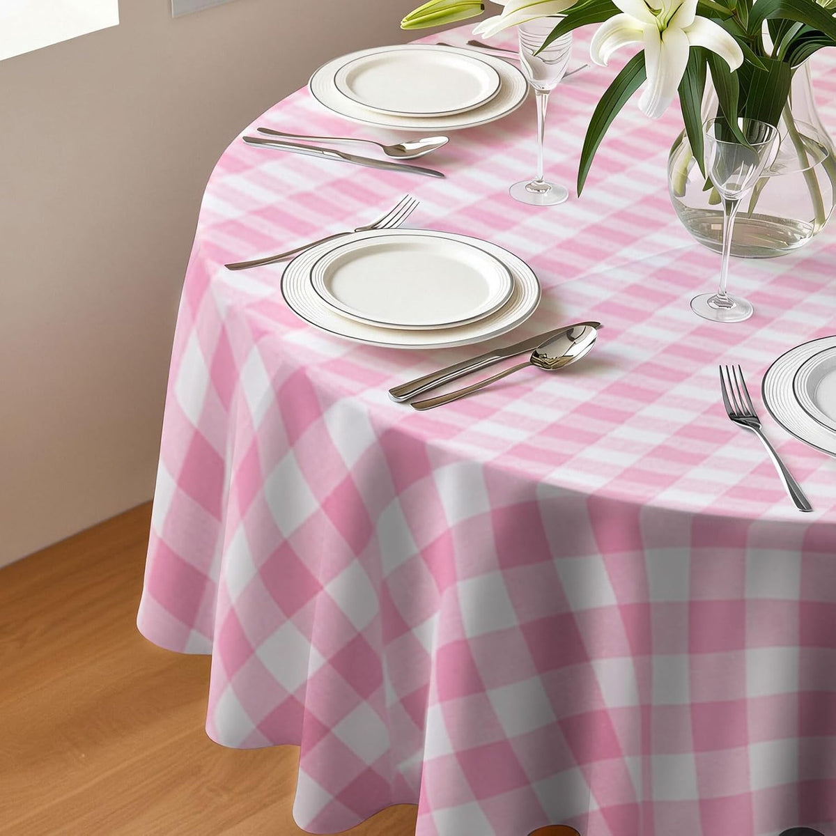 8 Pack Plastic Tablecloth 84" Disposable Table Cloths for 6 to 8 Foot Tables Round Table Cover for Parties (Pink Checkered, Round)