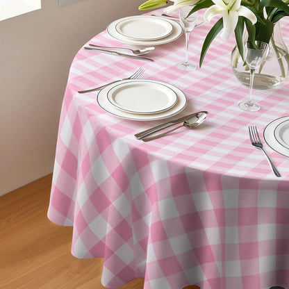 8 Pack Plastic Tablecloth 84" Disposable Table Cloths for 6 to 8 Foot Tables Round Table Cover for Parties (Pink Checkered, Round)