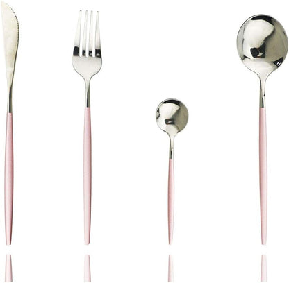 4 Pieces Pink Silver Cutlery Set 304 Stainless Steel Home Kitchen Silverware Set, Mirror Polished, Knife/Fork/Spoon, Modern Elegant Silverware Set for Party, Christmas