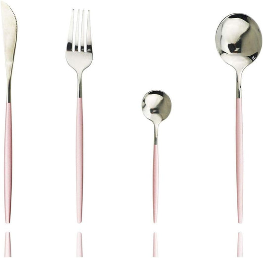 4 Pieces Pink Silver Cutlery Set 304 Stainless Steel Home Kitchen Silverware Set, Mirror Polished, Knife/Fork/Spoon, Modern Elegant Silverware Set for Party, Christmas