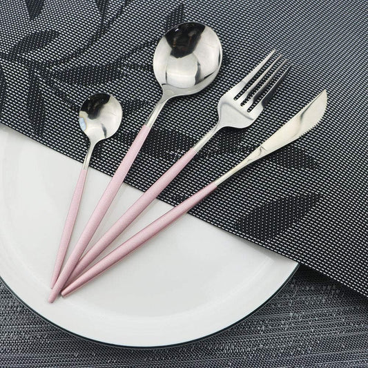 4 Pieces Pink Silver Cutlery Set 304 Stainless Steel Home Kitchen Silverware Set, Mirror Polished, Knife/Fork/Spoon, Modern Elegant Silverware Set for Party, Christmas