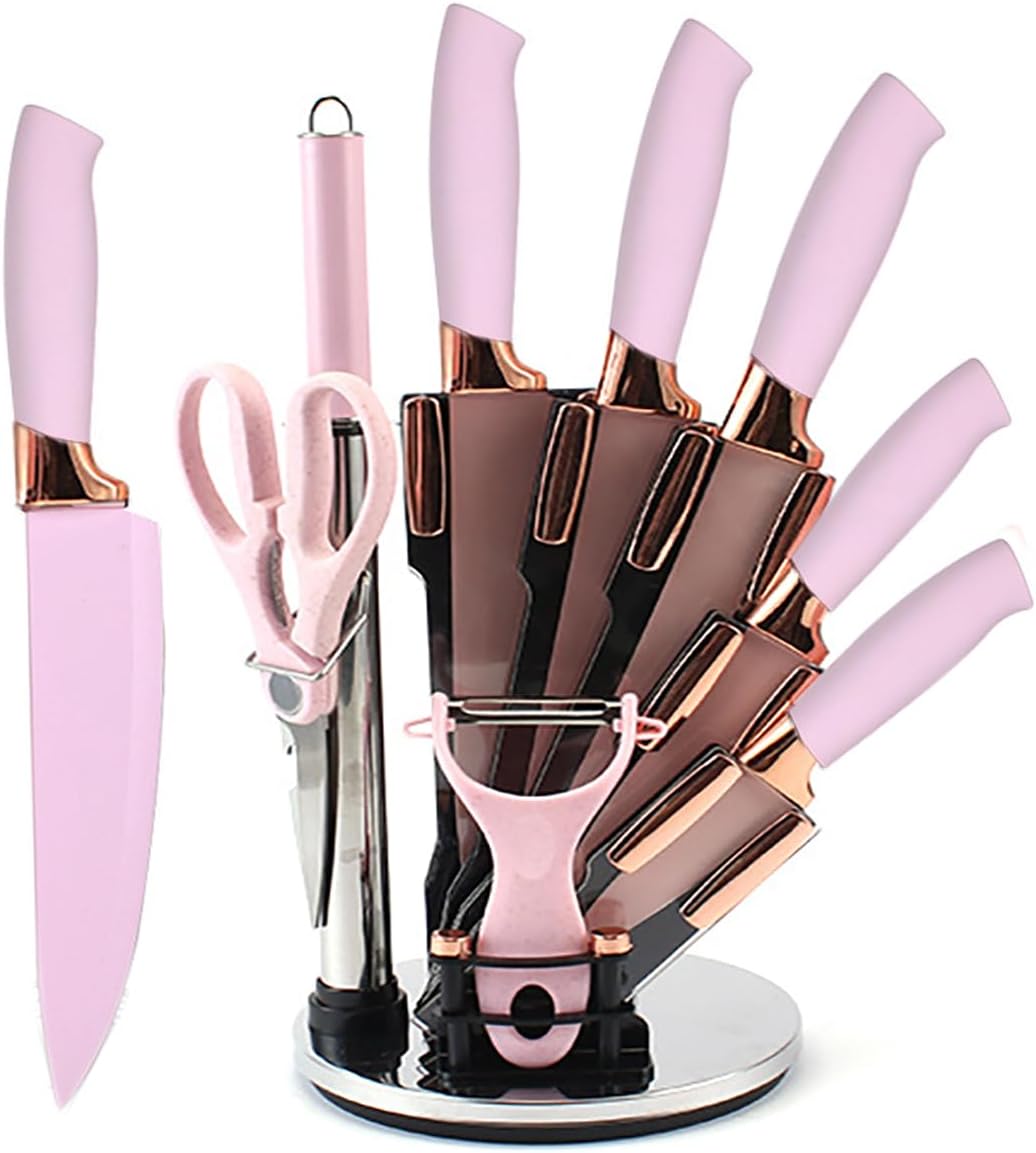 Knife Set, 9Pcs Stainless Steel Non Stick Kitchen Knife Block Set, Sharp Cutlery Knives Set with Sharpener Knives Set with Rotatable Storage Stand Scissors Pink