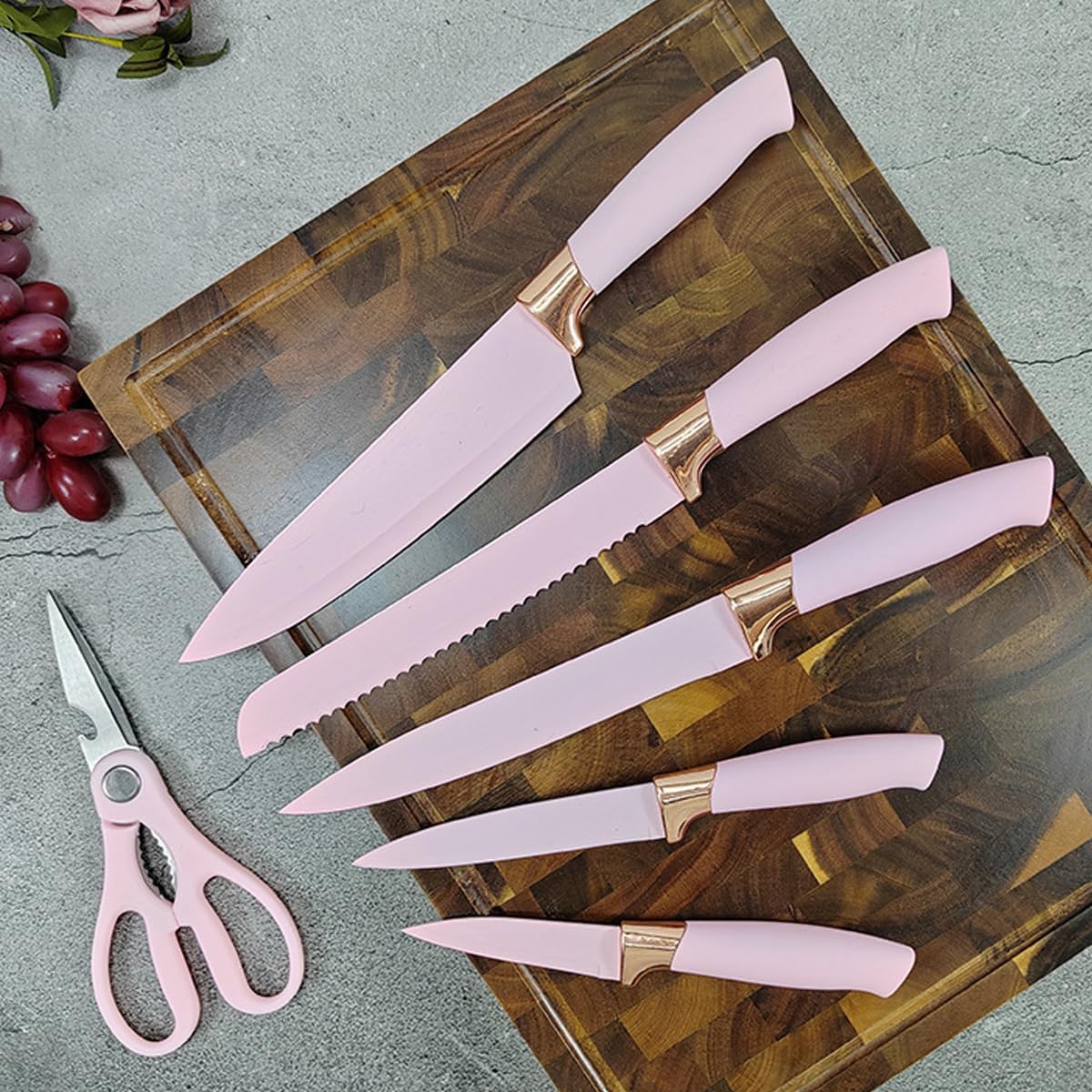 Knife Set, 9Pcs Stainless Steel Non Stick Kitchen Knife Block Set, Sharp Cutlery Knives Set with Sharpener Knives Set with Rotatable Storage Stand Scissors Pink