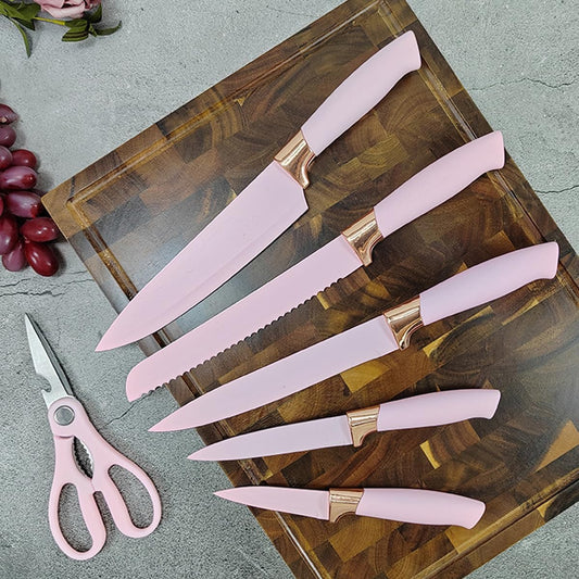 Knife Set, 9Pcs Stainless Steel Non Stick Kitchen Knife Block Set, Sharp Cutlery Knives Set with Sharpener Knives Set with Rotatable Storage Stand Scissors Pink