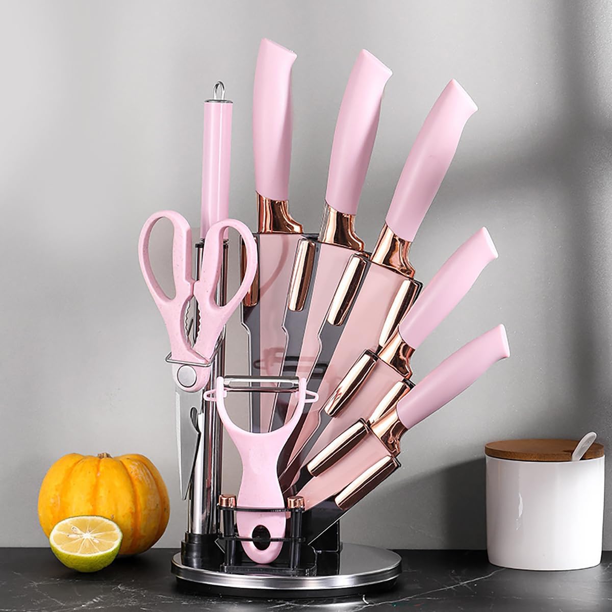 Knife Set, 9Pcs Stainless Steel Non Stick Kitchen Knife Block Set, Sharp Cutlery Knives Set with Sharpener Knives Set with Rotatable Storage Stand Scissors Pink