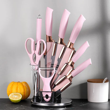 Knife Set, 9Pcs Stainless Steel Non Stick Kitchen Knife Block Set, Sharp Cutlery Knives Set with Sharpener Knives Set with Rotatable Storage Stand Scissors Pink