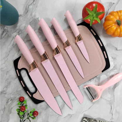 Knife Set, 9Pcs Stainless Steel Non Stick Kitchen Knife Block Set, Sharp Cutlery Knives Set with Sharpener Knives Set with Rotatable Storage Stand Scissors Pink