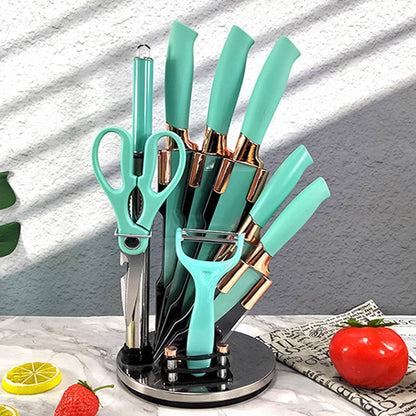 Knife Set, 9Pcs Stainless Steel Non Stick Kitchen Knife Block Set, Sharp Cutlery Knives Set with Sharpener Knives Set with Rotatable Storage Stand Scissors Pink