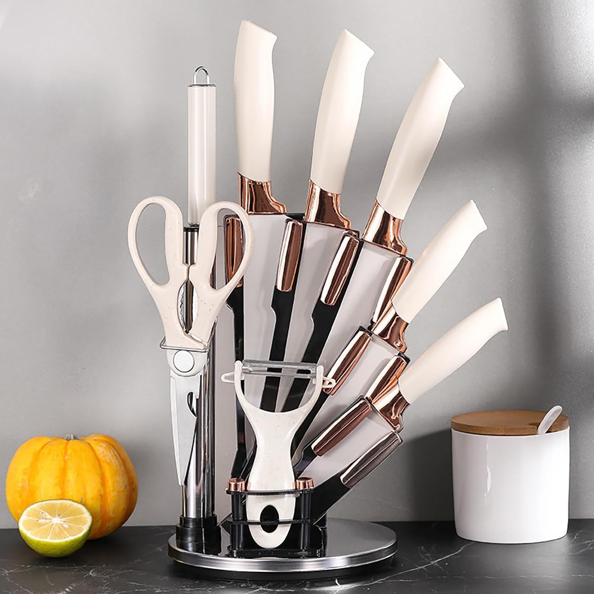 Knife Set, 9Pcs Stainless Steel Non Stick Kitchen Knife Block Set, Sharp Cutlery Knives Set with Sharpener Knives Set with Rotatable Storage Stand Scissors Pink