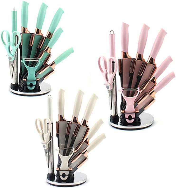 Knife Set, 9Pcs Stainless Steel Non Stick Kitchen Knife Block Set, Sharp Cutlery Knives Set with Sharpener Knives Set with Rotatable Storage Stand Scissors Pink