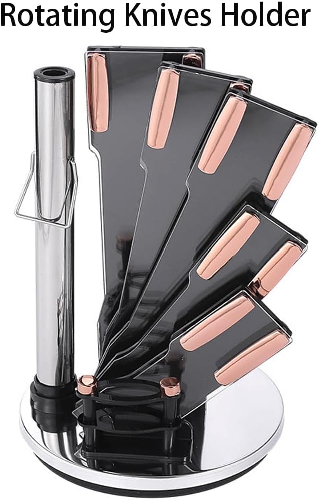 Knife Set, 9Pcs Stainless Steel Non Stick Kitchen Knife Block Set, Sharp Cutlery Knives Set with Sharpener Knives Set with Rotatable Storage Stand Scissors Pink