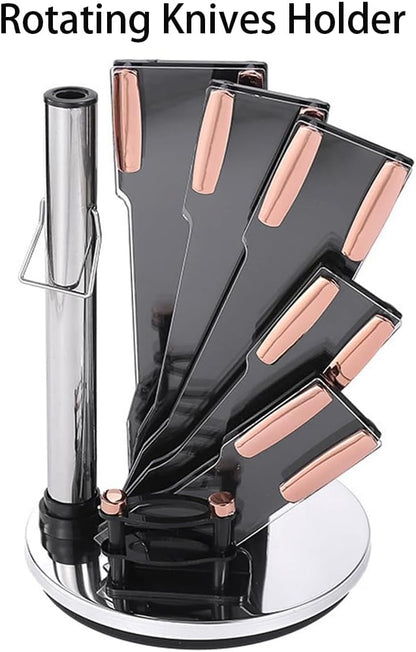 Knife Set, 9Pcs Stainless Steel Non Stick Kitchen Knife Block Set, Sharp Cutlery Knives Set with Sharpener Knives Set with Rotatable Storage Stand Scissors Pink