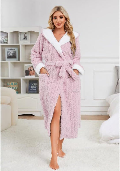 Womens Plush Hooded Robe, Soft Fluffy Womens Fleece Robe Long Warm Bathrobes for Women