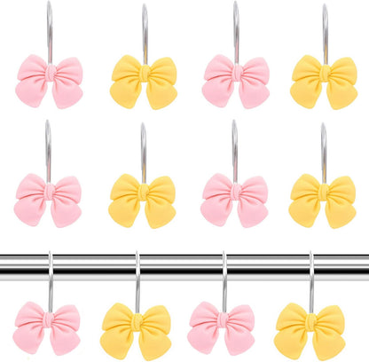 12Pcs Shower Curtain Hooks, Pink Yellow Bow Resin Shower Curtain Hooks, Cute Decorative Girly Metal Hangers, Lovely Girls Curtain Rings for Home Dormitory Bathroom Waterproof Decor, Rust Proof