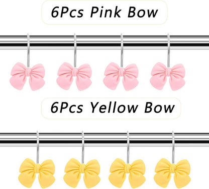 12Pcs Shower Curtain Hooks, Pink Yellow Bow Resin Shower Curtain Hooks, Cute Decorative Girly Metal Hangers, Lovely Girls Curtain Rings for Home Dormitory Bathroom Waterproof Decor, Rust Proof