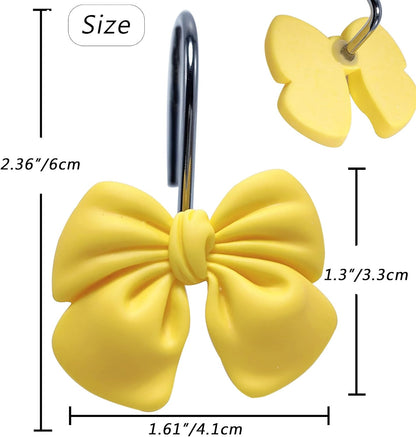 12Pcs Shower Curtain Hooks, Pink Yellow Bow Resin Shower Curtain Hooks, Cute Decorative Girly Metal Hangers, Lovely Girls Curtain Rings for Home Dormitory Bathroom Waterproof Decor, Rust Proof
