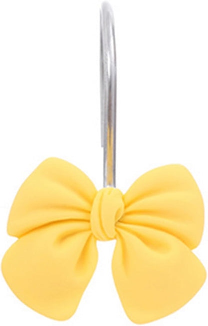 12Pcs Shower Curtain Hooks, Pink Yellow Bow Resin Shower Curtain Hooks, Cute Decorative Girly Metal Hangers, Lovely Girls Curtain Rings for Home Dormitory Bathroom Waterproof Decor, Rust Proof