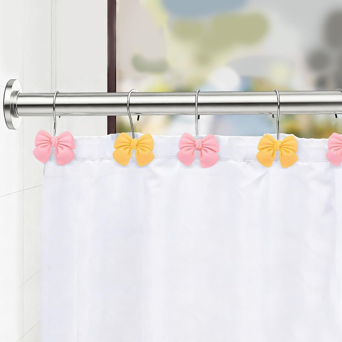 12Pcs Shower Curtain Hooks, Pink Yellow Bow Resin Shower Curtain Hooks, Cute Decorative Girly Metal Hangers, Lovely Girls Curtain Rings for Home Dormitory Bathroom Waterproof Decor, Rust Proof