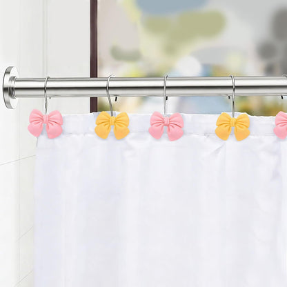 12Pcs Shower Curtain Hooks, Pink Yellow Bow Resin Shower Curtain Hooks, Cute Decorative Girly Metal Hangers, Lovely Girls Curtain Rings for Home Dormitory Bathroom Waterproof Decor, Rust Proof