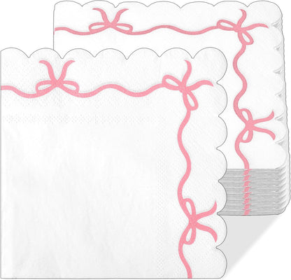 40Pcs Pink Bow Napkins, Double Layer Pink and White Disposable Paper Beverage Cocktail Napkins for Bachelorette Bridal Engagement Birthday Decorations Supplies