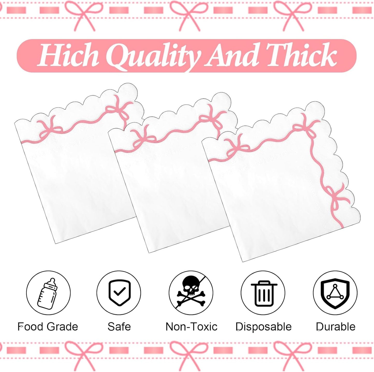 40Pcs Pink Bow Napkins, Double Layer Pink and White Disposable Paper Beverage Cocktail Napkins for Bachelorette Bridal Engagement Birthday Decorations Supplies
