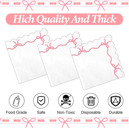 40Pcs Pink Bow Napkins, Double Layer Pink and White Disposable Paper Beverage Cocktail Napkins for Bachelorette Bridal Engagement Birthday Decorations Supplies
