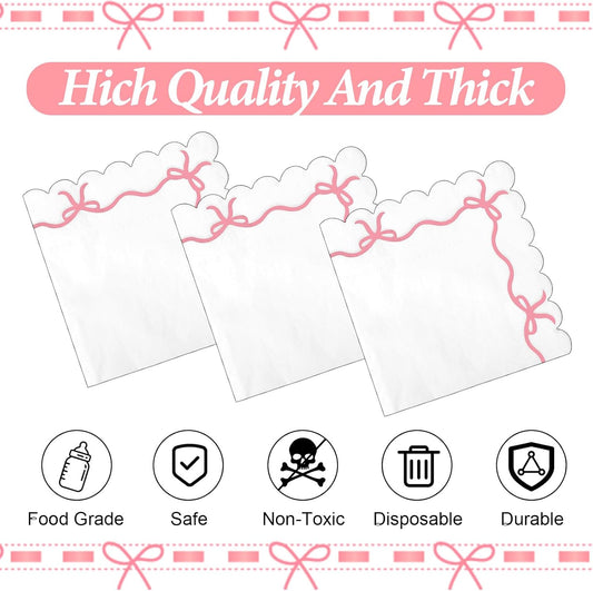 40Pcs Pink Bow Napkins, Double Layer Pink and White Disposable Paper Beverage Cocktail Napkins for Bachelorette Bridal Engagement Birthday Decorations Supplies