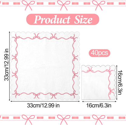 40Pcs Pink Bow Napkins, Double Layer Pink and White Disposable Paper Beverage Cocktail Napkins for Bachelorette Bridal Engagement Birthday Decorations Supplies