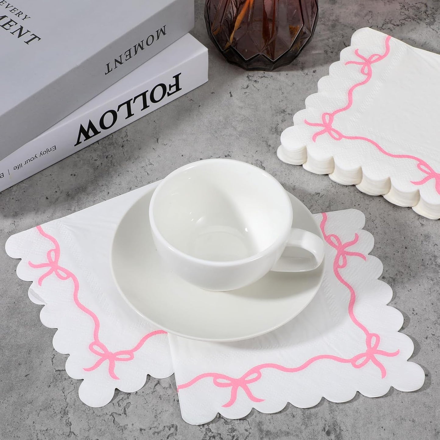 40Pcs Pink Bow Napkins, Double Layer Pink and White Disposable Paper Beverage Cocktail Napkins for Bachelorette Bridal Engagement Birthday Decorations Supplies
