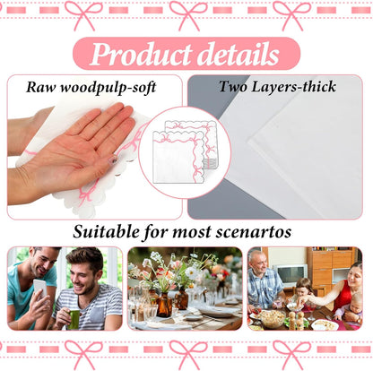 40Pcs Pink Bow Napkins, Double Layer Pink and White Disposable Paper Beverage Cocktail Napkins for Bachelorette Bridal Engagement Birthday Decorations Supplies