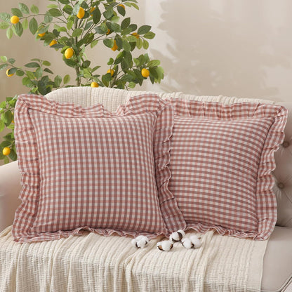Cotton Pink Brown Gingham Throw Pillow Covers Linen Like, 20x20