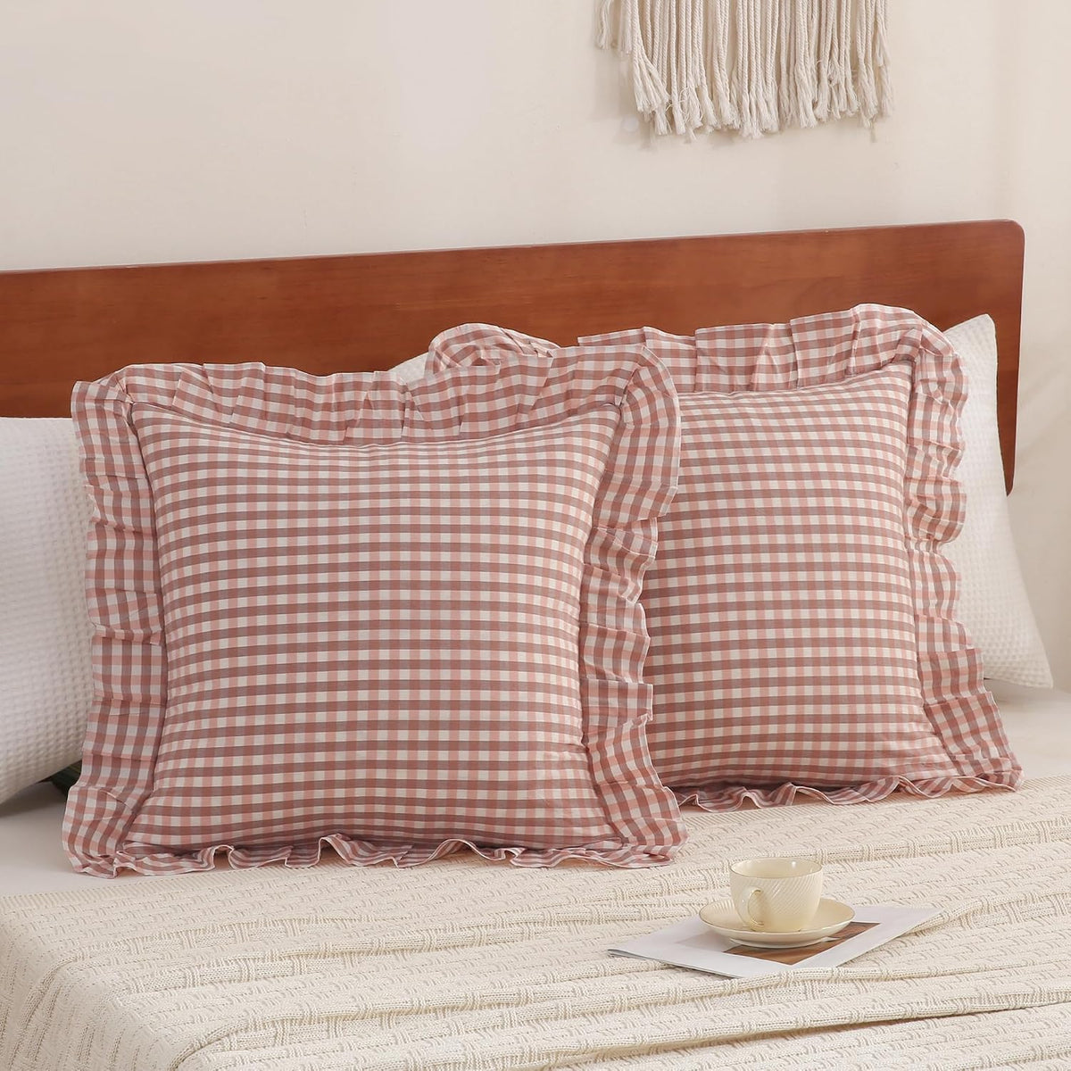 Cotton Pink Brown Gingham Throw Pillow Covers Linen Like, 20x20