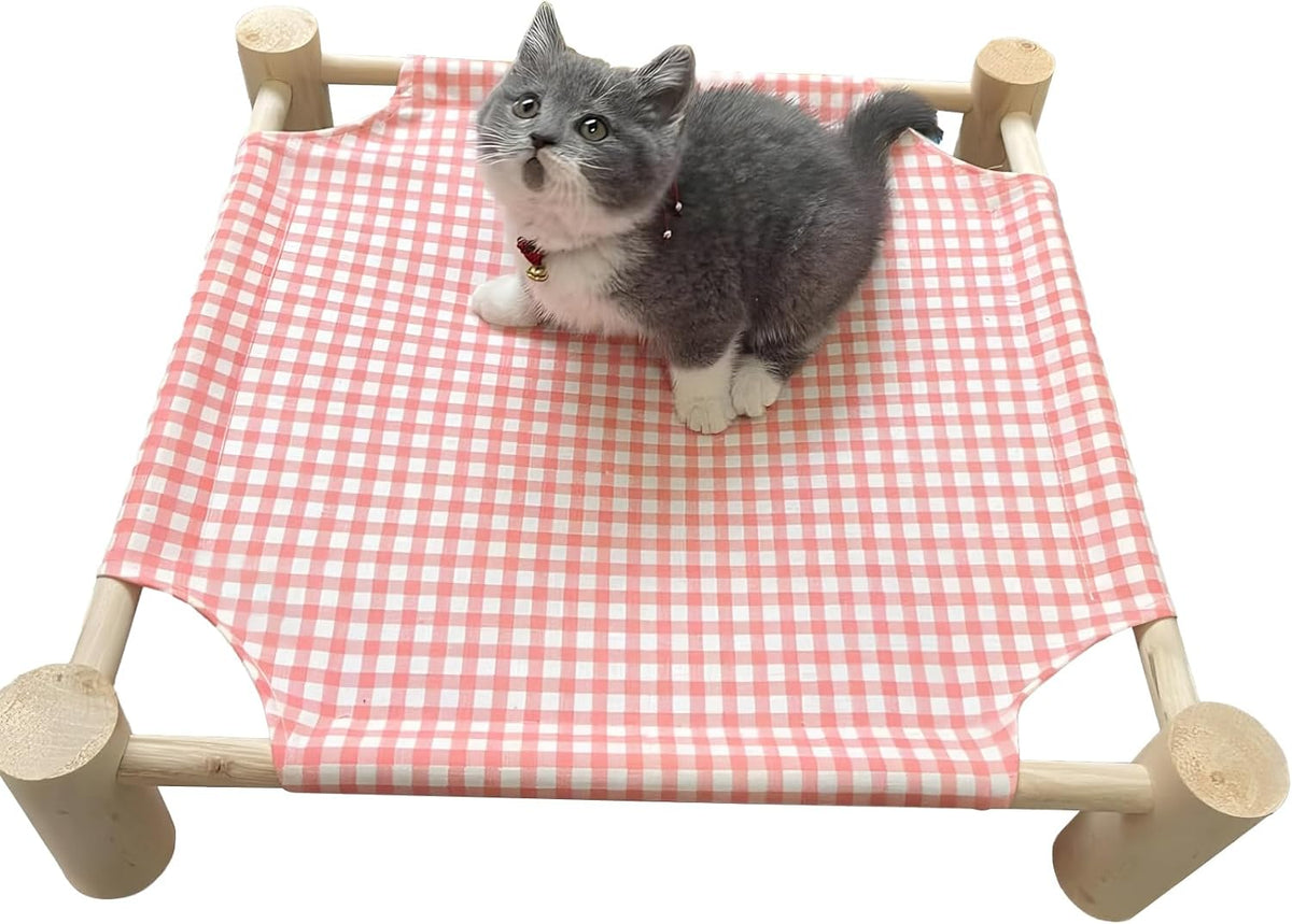 Elevated Cat & Dog Bed – Wooden Frame Pet Hammock for Small Dogs & Cats, Indoor/Outdoor Raised Bed with Breathable Mesh, Portable Pet Cot Furniture – Pink Grid