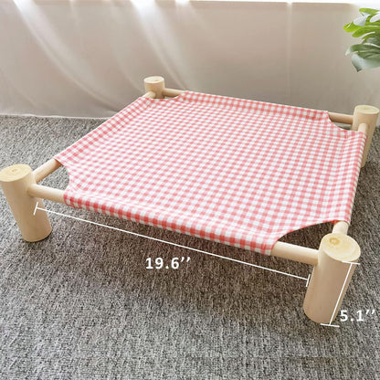 Elevated Cat & Dog Bed – Wooden Frame Pet Hammock for Small Dogs & Cats, Indoor/Outdoor Raised Bed with Breathable Mesh, Portable Pet Cot Furniture – Pink Grid