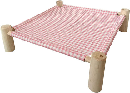 Elevated Cat & Dog Bed – Wooden Frame Pet Hammock for Small Dogs & Cats, Indoor/Outdoor Raised Bed with Breathable Mesh, Portable Pet Cot Furniture – Pink Grid